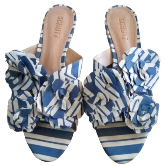 Schutz Ilaria Floral Denim Blue Strappy‎ Sandal Leather Size 7 Made in Brazil - Picture 2 of 8